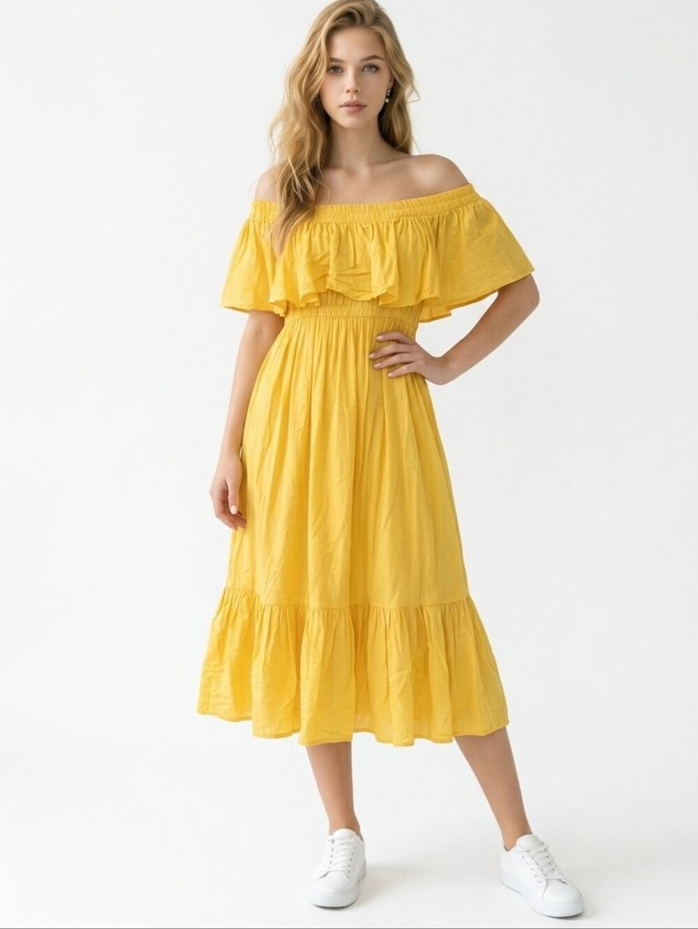 Yellow Off Shoulder Flowy Maxi Dress Boho Ruffle Spring Summer Size M
